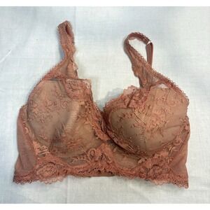Victoria's Secret Dream Angels Lace Longline Bra 32DD Rust Rose Pink Sheer Flora